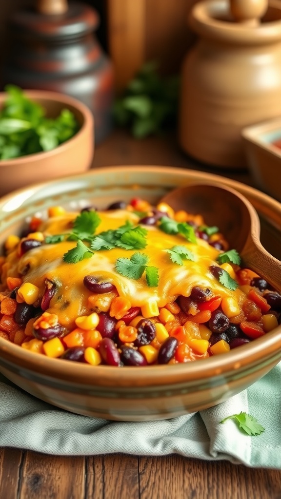 Quinoa enchilada casserole with beans, corn, and cheese in a rustic bowl, garnished with cilantro.